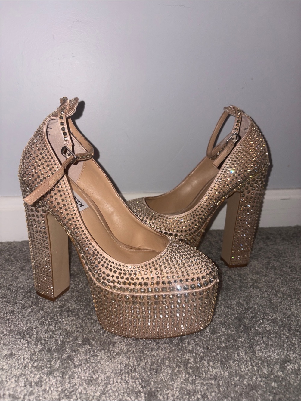 Steve Madden Crystal-Embellished Gold Platform Pumps with Ankle Strap